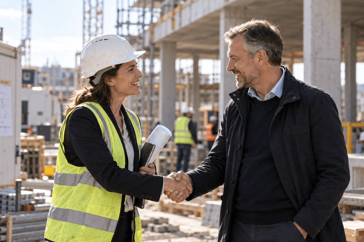 Una professionista e un rappresentante aziendale si salutano in un cantiere