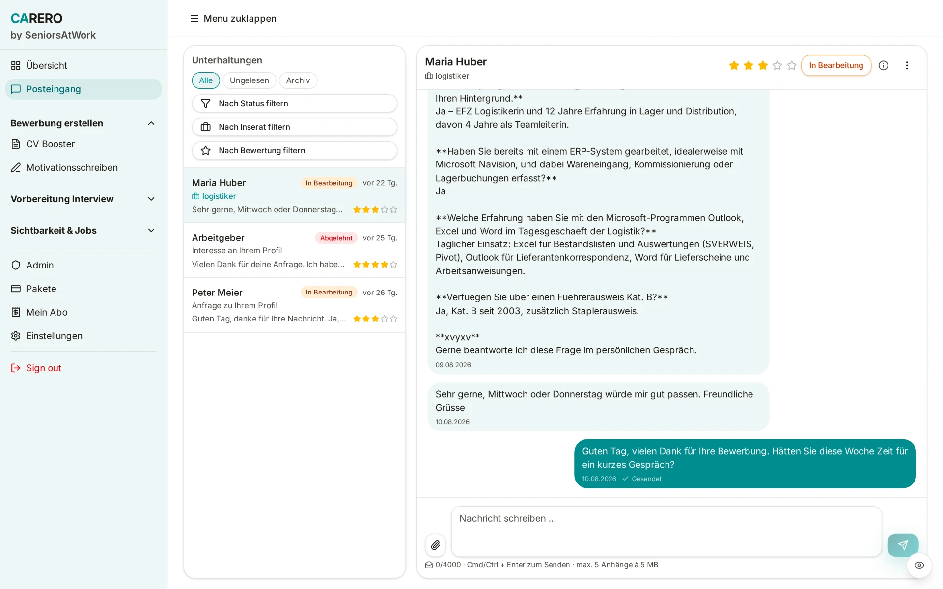 Bewerbungen erhalten: direkt mit Kandidaten chatten