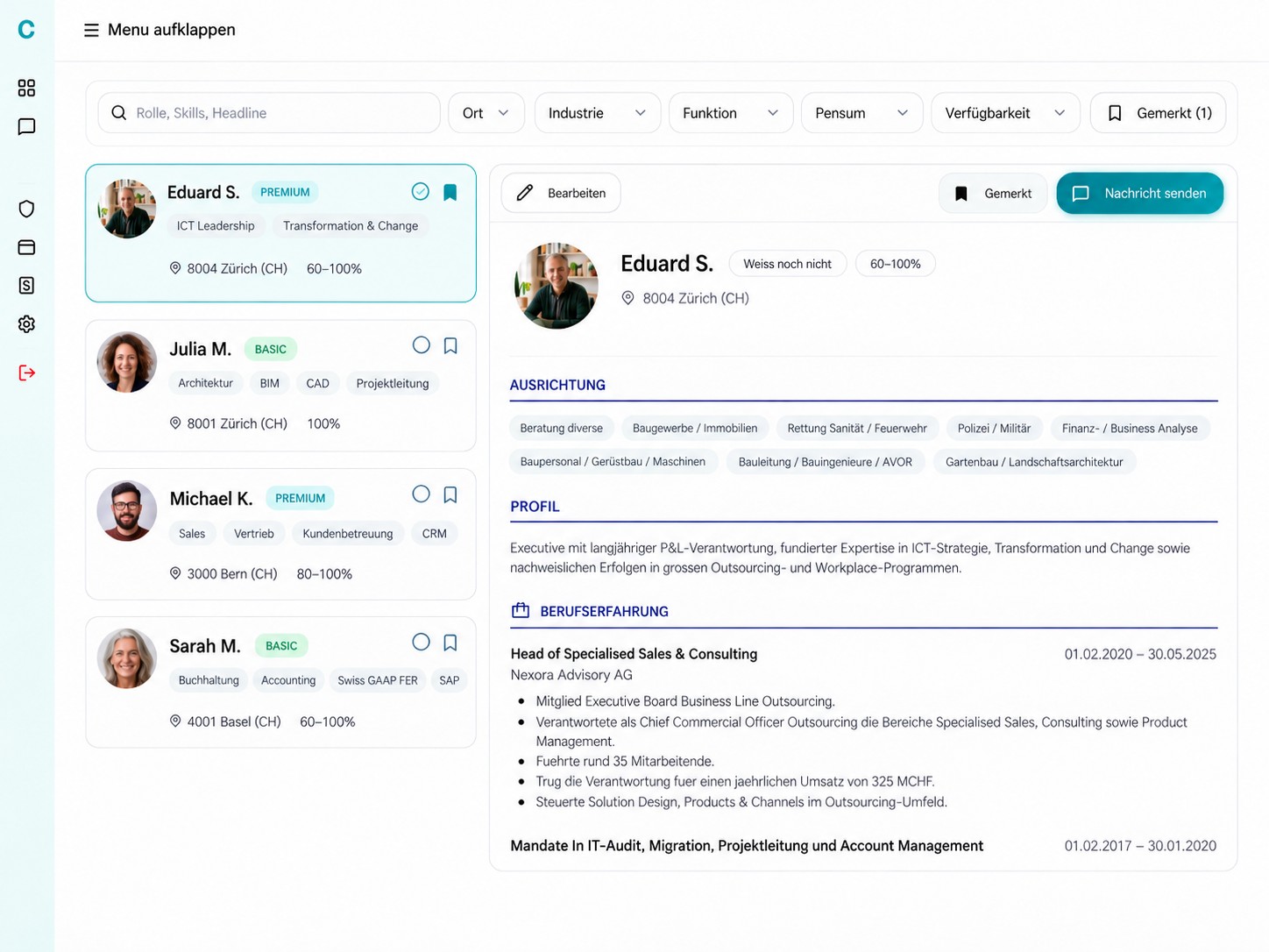 CARERO Profildatenbank: Filter, Liste der Profile und ein geöffnetes Kandidatenprofil mit dem Button «Nachricht senden»
