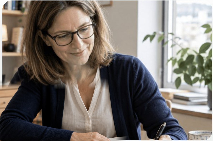 Candidata esperta che scrive la sua lettera di motivazione alla scrivania