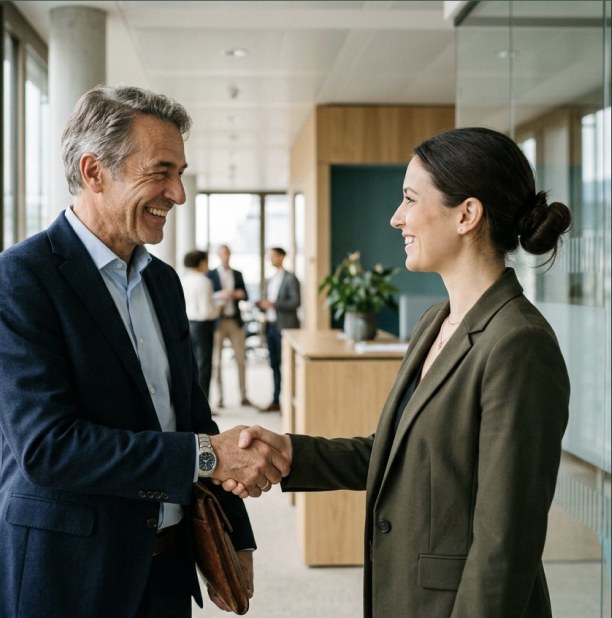 A handshake between a candidate and a hiring manager after the interview