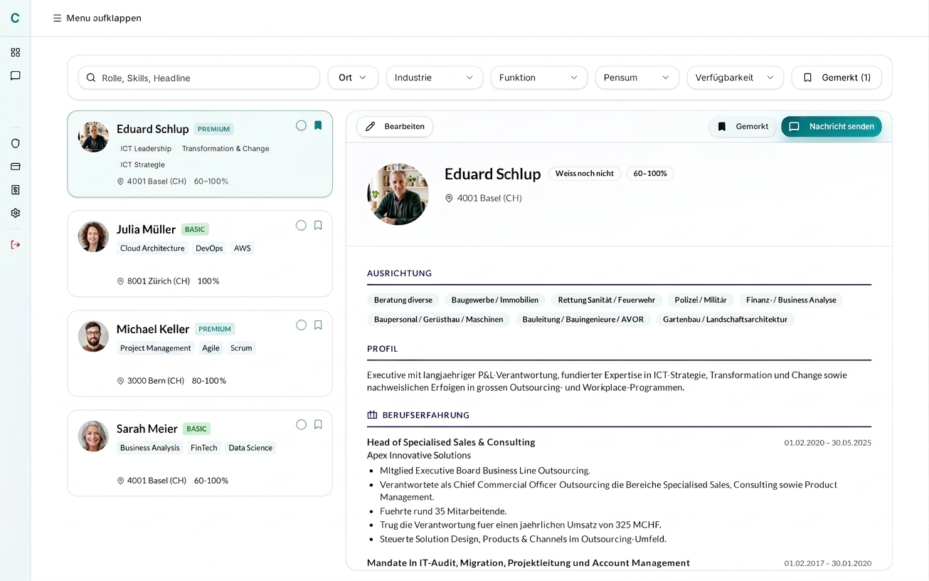Profildatenbank durchsuchen: passende Profile filtern