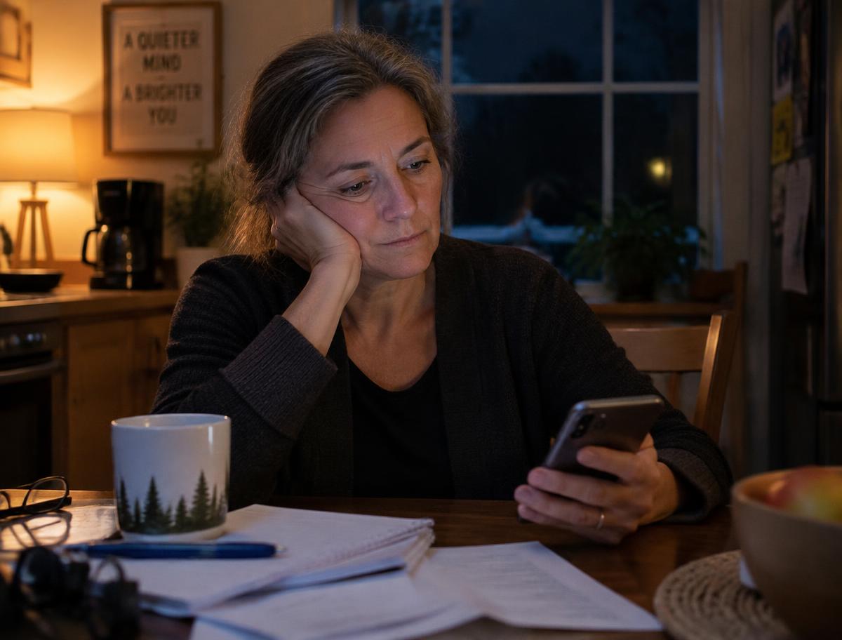 Eine Frau sitzt abends am Küchentisch und schaut müde auf ihr Smartphone